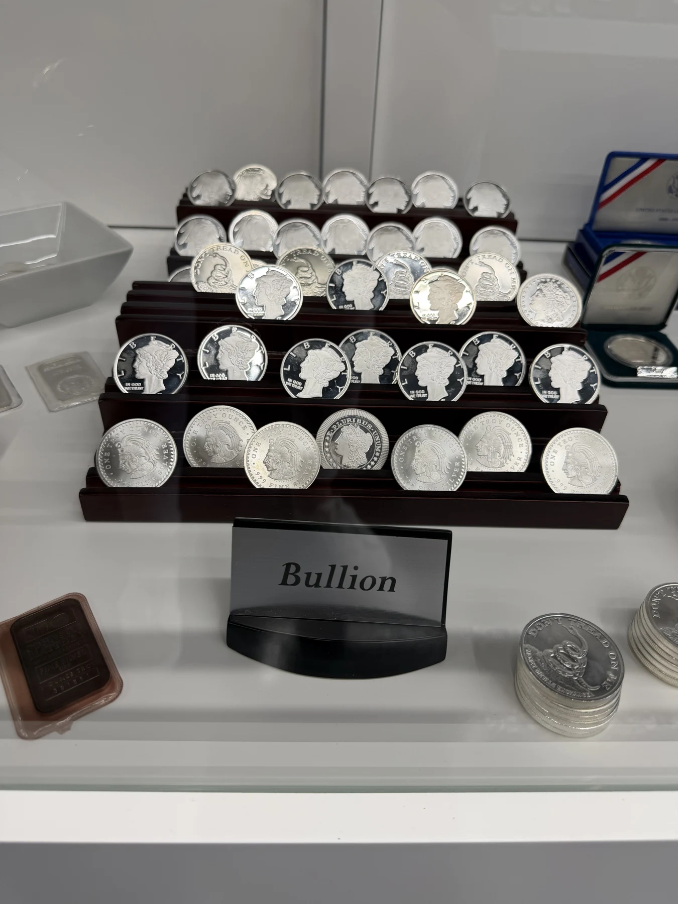 Silver bullion rounds on display
